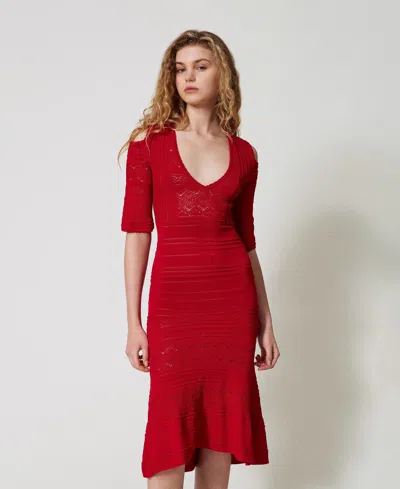 Twinset Robe Midi En Maille Ajourée In Red