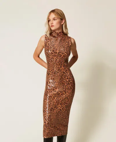 Twinset Robe Midi En Maille Avec Sequins In Brown