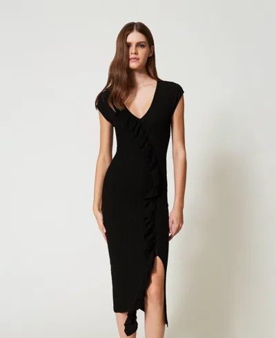 Twinset Robe Midi En Maille Avec Volant In Black