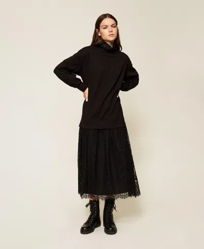 Twinset Robe Midi En Molleton Et Dentelle In Black