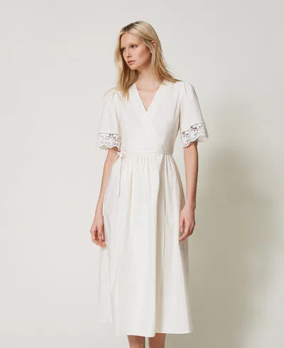 Twinset Robe Midi En Popeline Avec Dentelle In White