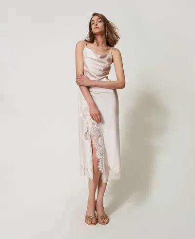 Twinset Robe Midi En Satin Et Dentelle In White