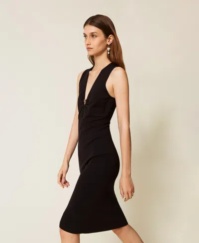 Twinset Robe Midi Sans Manches En Maille Avec Oval T In Black