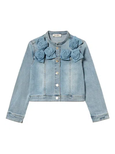 Twinset Kids' Rose-embellished Denim Jacket In Blue