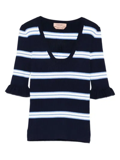 Twinset Round Neck Stripes Sweater In Blue