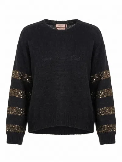 Twinset Sequin-embellished Striped-details Crew-neck Sweater In Black