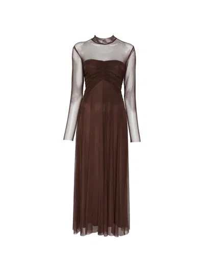 Twinset Ruched Sheer-panel Maxi Dress In Brown