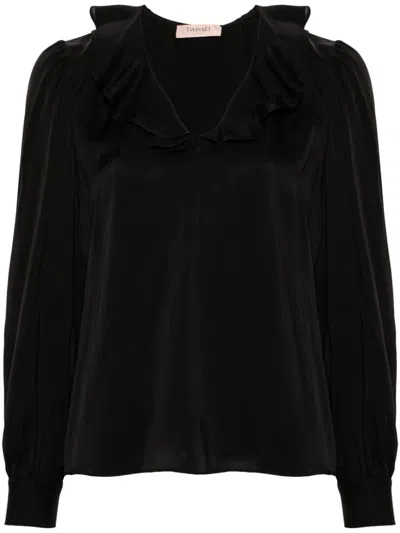 Twinset Ruffle Satin Blouse In Black