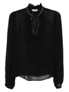 Twinset Ruffled Black Blouse With Bead Embellishments In Black