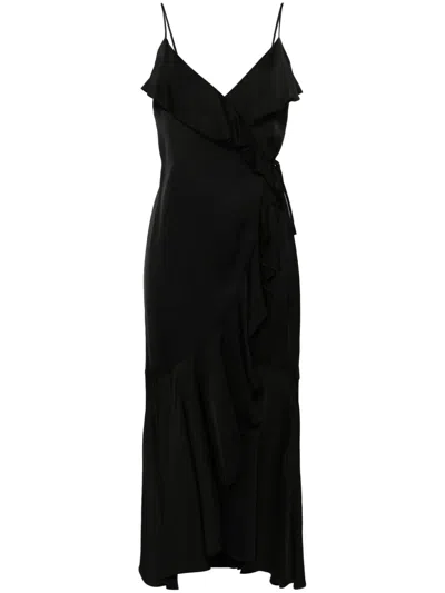 Twinset Ruffled-detail Satin Midi Dress In Black