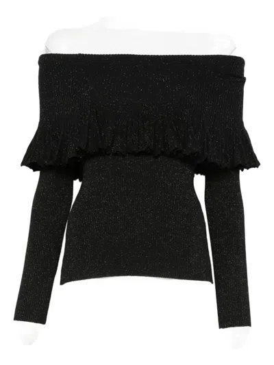 Twinset Ruffled Off-shoulder Sweater In Black