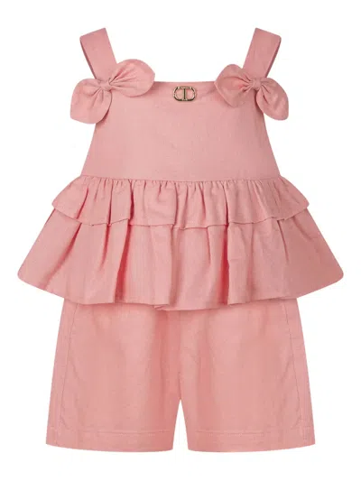 Twinset Kids' Ruffled Peplum Top And Shorts Set In Pink