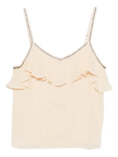Twinset Ruffled Rhinestone-embellished Top In Neutral