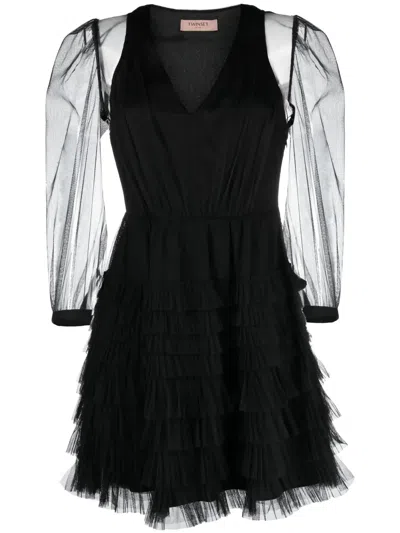 Twinset Ruffled Semi-sheer Minidress In Black