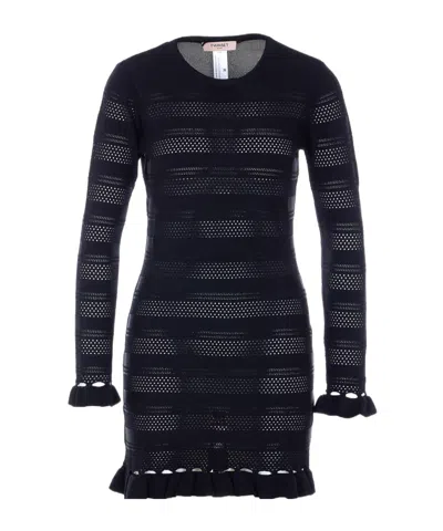 Twinset Ruffled Short Knitted Dress In Blue