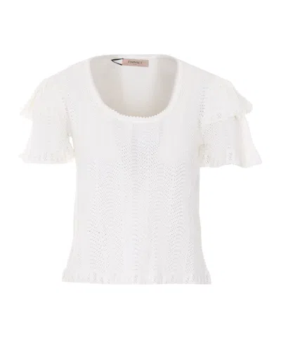 Twinset Ruffled Sleeve Knit T-shirt In White