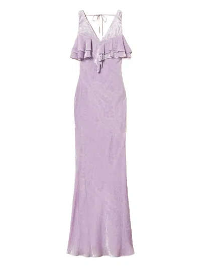 Twinset Ruffled Velvet Maxi Dress In Purple