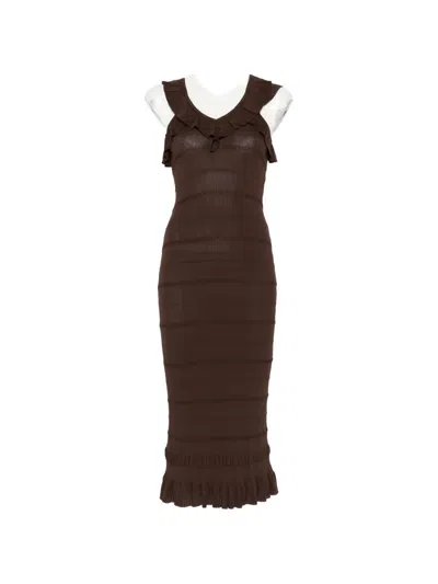 Twinset Ruffled V-neck Midi Dress In Brown