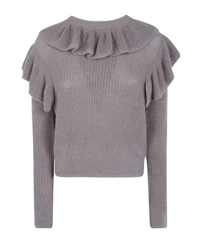 Twinset Ruffleddetail Ribbed Knit Sweater In Gray