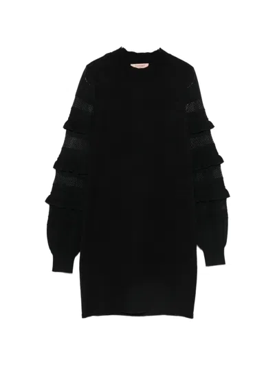 Twinset Ruffled-sleeve Mini Knitted Dress In Brown
