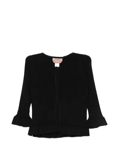 Twinset Ruffled-trim Ribbed-knit Cardigan In Black