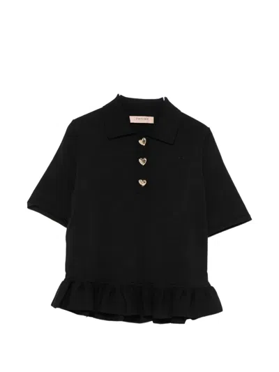 Twinset Ruffle-trim Heart-button Polo Shirt In Black