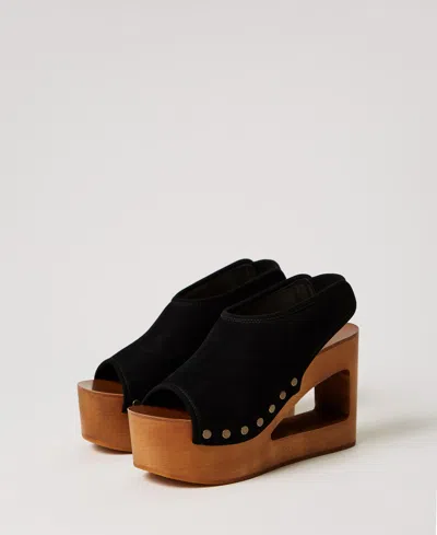 Twinset Sandales À Bout Ouvert En Cuir Velours In Black