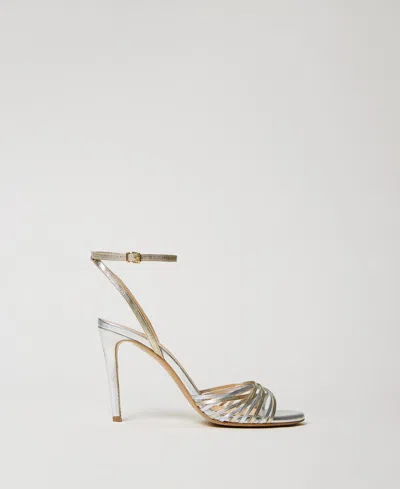 Twinset Sandales Cage En Cuir Lamé In Silver