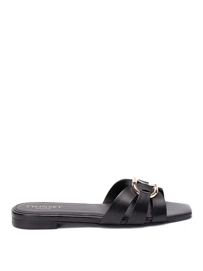 Twinset Oval T-plaque Leather Slides In Black