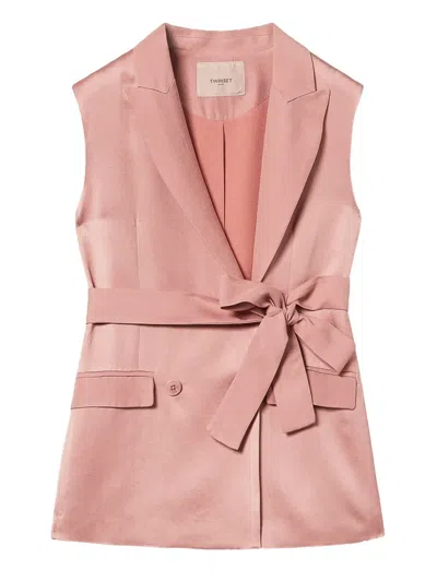 Twinset Satin Belted Blazer In Pink