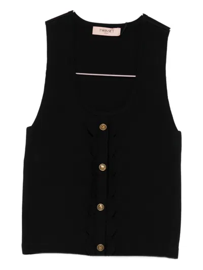 Twinset Scalloped-detail Ribbed Top In Black