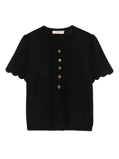 Twinset Scalloped-trim Cotton Top In Black