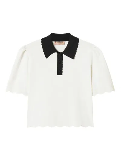 Twinset Scalloped-trim Knitted Polo Shirt In White