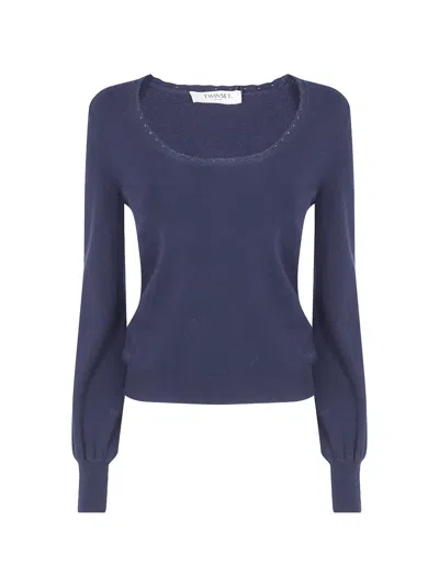 Twinset Scalloped-edge Fine-knit Sweater In Blue