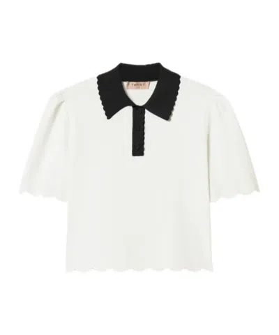 Twinset Scalloped-trim Knitted Polo Shirt In White