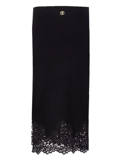 TWINSET BLACK MIDI SKIRT WITH LACE AT THE BOTTOM TWINSET