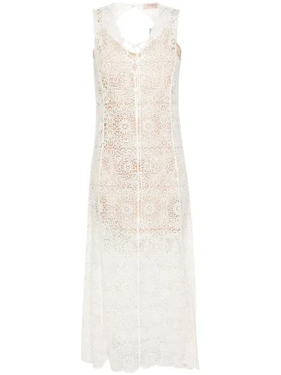 Twinset Semi-sheer Crochet Midi Dress In White