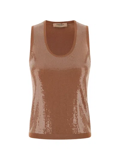 Twinset Sequin Embroidery Knit Top In Brown