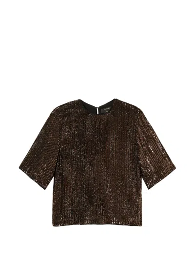 Twinset Sequin Crew Neck Blouse In Brown