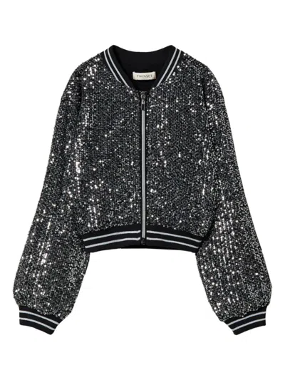 Twinset Kids' Sequin-embellished Bomber Jacket In Black