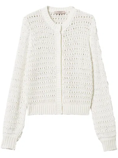 Twinset Sequin-embellished Open-knit Cardigan In White