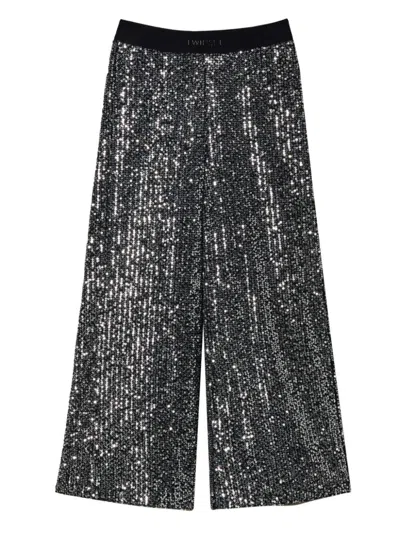 Twinset Kids' Sequin-embellished Palazzo Trousers In Black