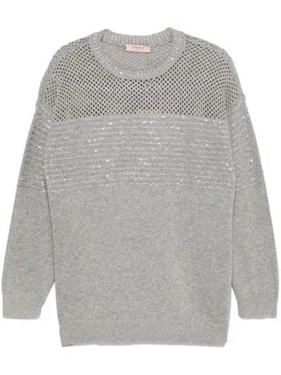 Twinset Gray Crewneck Sweater With Rhinestones In Grey