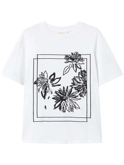 Twinset Sequin Embroidery Cotton T-shirt In White