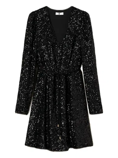 Twinset Sequin Puff-sleeve Mini Dress In Black