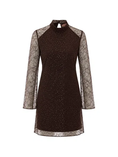 Twinset Sequin-embellished Lace Dress In Brown
