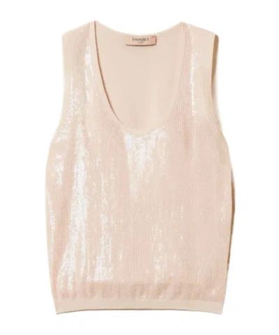 Twinset Sequin-embellished Vest In Nude