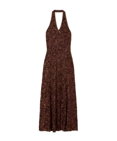 Twinset Sequinned Halterneck Dress In Brown