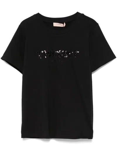 Twinset Cotton T-shirt In Black With Embroidered Logo With Sequins