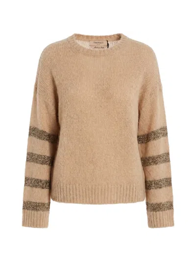 Twinset Sequin-striped Round-neck Sweater In Neutral